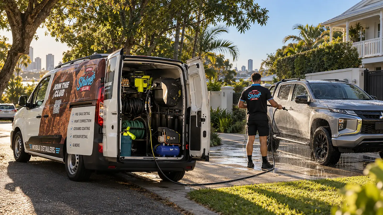 A High Shine Club van set up on a Brisbane street, technician washing a ute