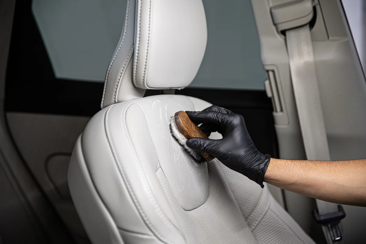 Leather car interior detailed in Brisbane